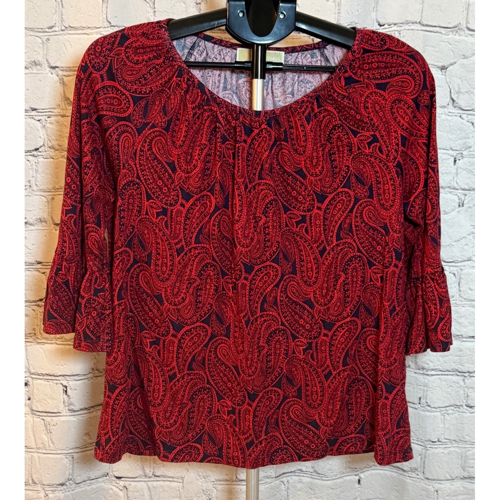 Michael Michael Kors Red Paisley 3/4 Bell Sleeve Scoop Neck Blouse Small